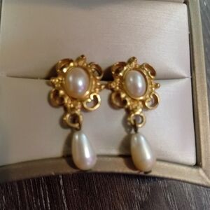 Elegant Gold Toned and Faux Pearl Drop Earrings